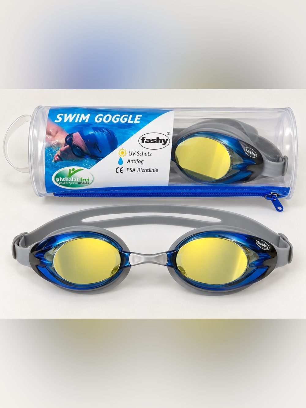 Fashy Women's Mirrored Swim Goggles — Blue Frame with Yellow Lenses